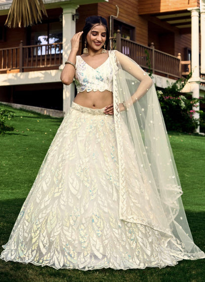 White Party Wear Lehenga Choli With Sequins and Thread Work