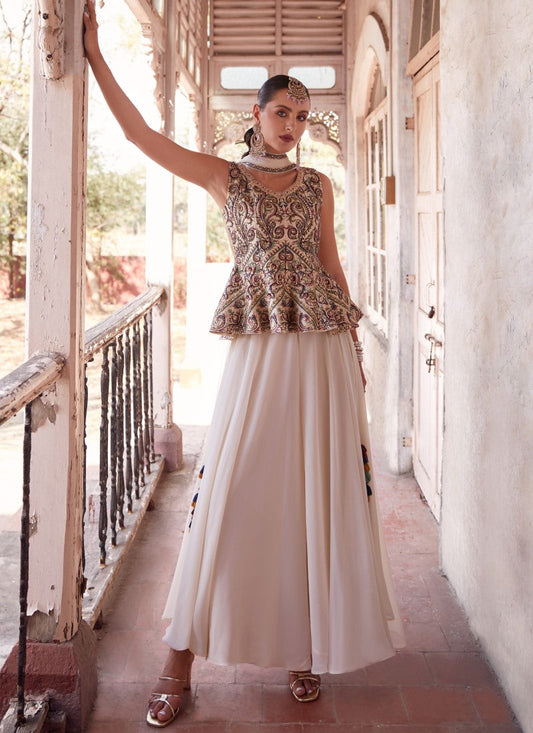 White Peplum Style Palazzo Suit With Sequins and Zari Work