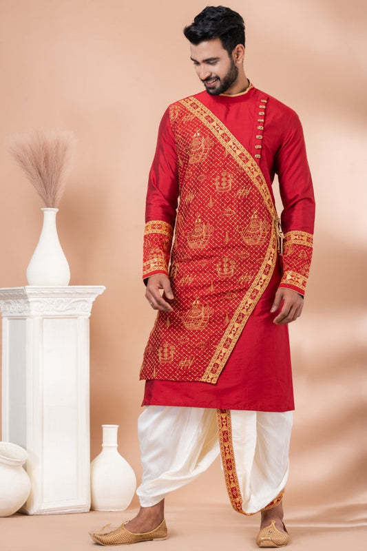 Red Designer Men's Wear Dhoti Kurta 