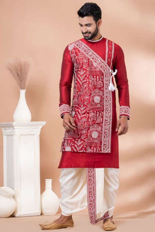 Red Designer Men's Wear Dhoti Kurta 