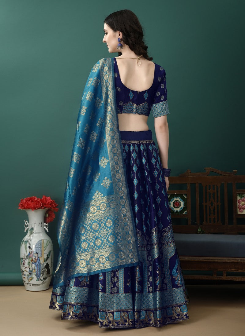 Navy Blue Silk Banarasi Lehenga Choli With Resham Work