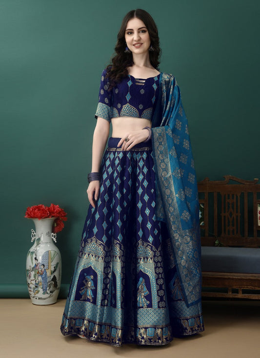 Navy Blue Silk Banarasi Lehenga Choli With Resham Work