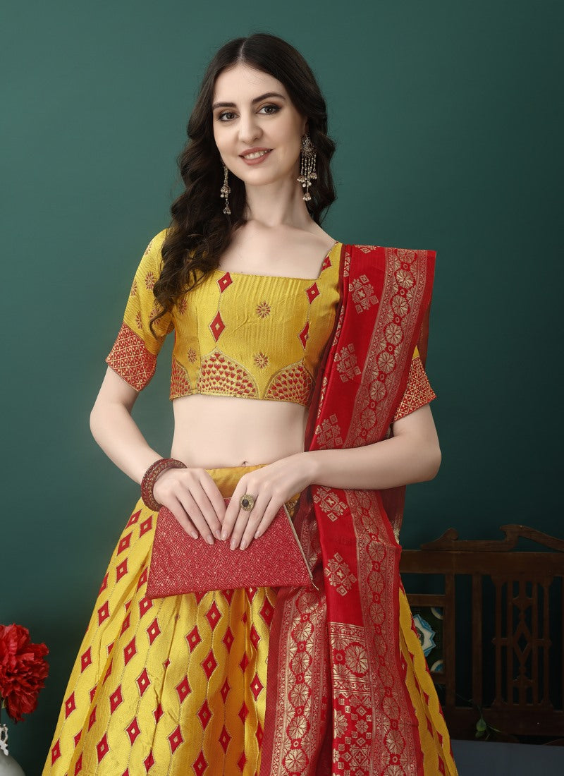 Yellow Silk Banarasi Lehenga Choli With Resham Work