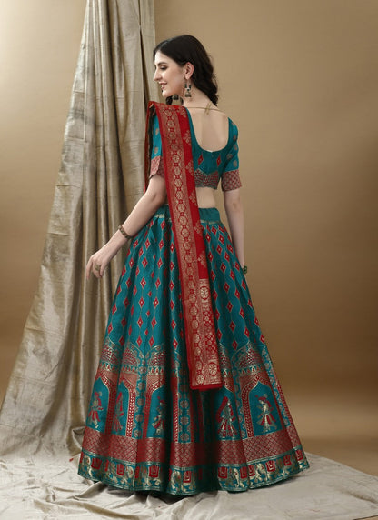 Teal Blue Silk Banarasi Lehenga Choli With Resham Work