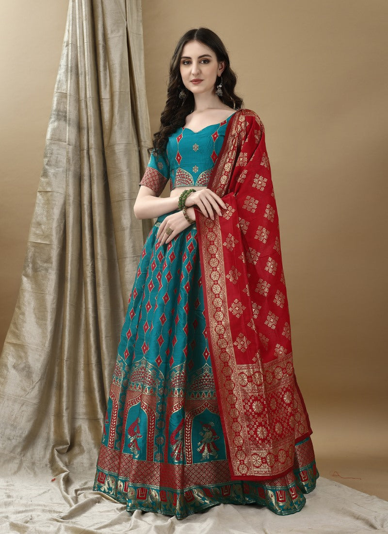 Teal Blue Silk Banarasi Lehenga Choli With Resham Work