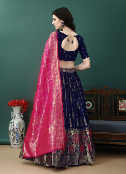 Navy Blue Silk Banarasi Lehenga Choli With Resham Work