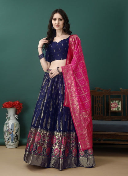 Navy Blue Silk Banarasi Lehenga Choli With Resham Work