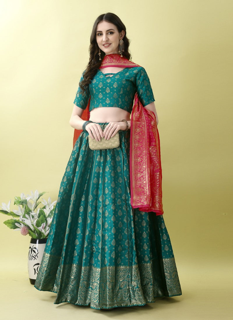 Green Silk Banarasi Lehenga Choli With Resham Work