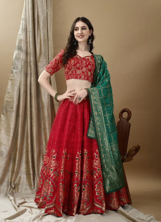 Red Silk Banarasi Lehenga Choli With Resham Work