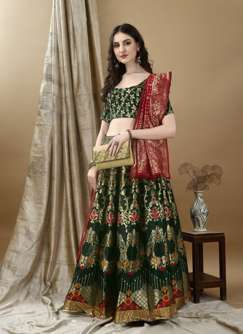 Green Silk Banarasi Lehenga Choli With Resham Work