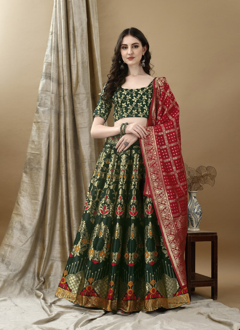 Green Silk Banarasi Lehenga Choli With Resham Work