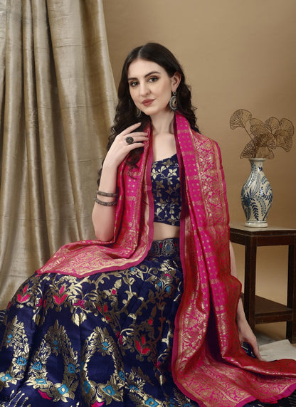 Navy Blue Silk Banarasi Lehenga Choli With Resham Work