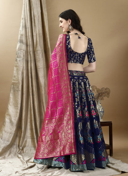 Navy Blue Silk Banarasi Lehenga Choli With Resham Work