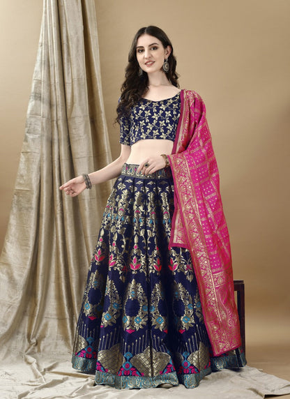 Navy Blue Silk Banarasi Lehenga Choli With Resham Work