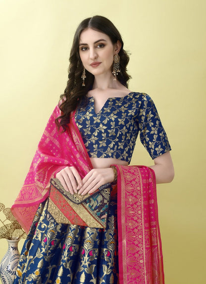 Blue Silk Banarasi Lehenga Choli With Resham Work