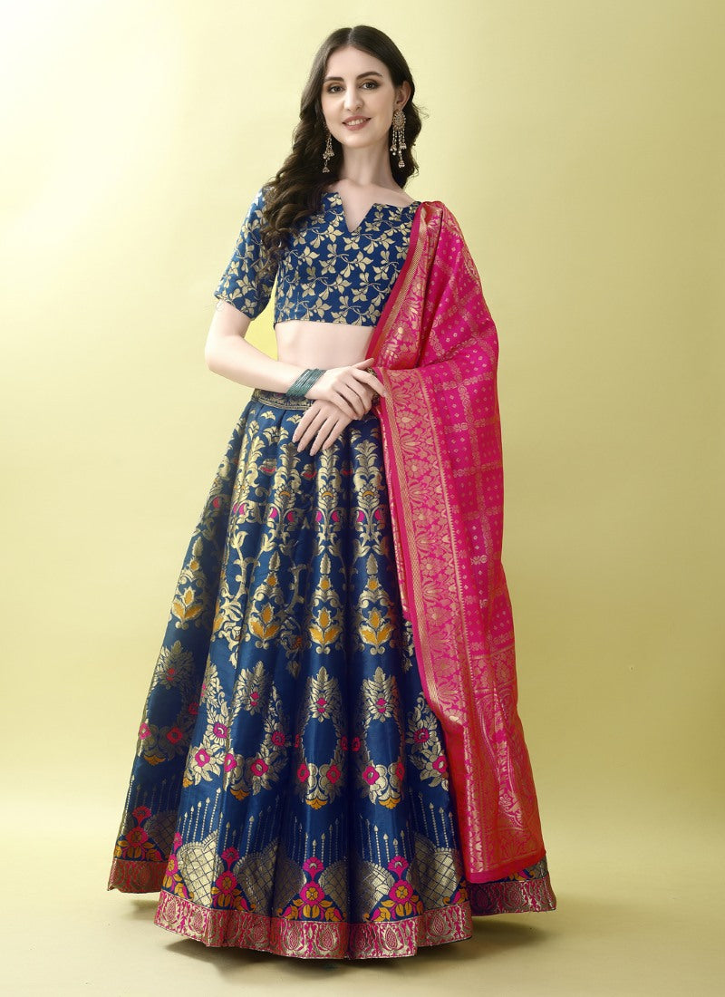 Blue Silk Banarasi Lehenga Choli With Resham Work