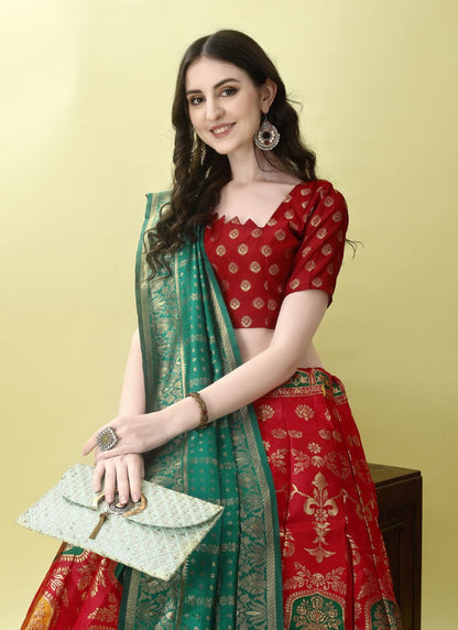 Red Silk Banarasi Lehenga Choli With Resham Work