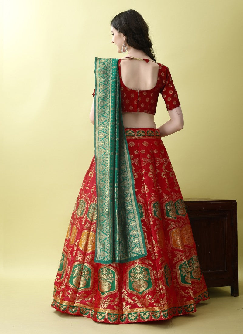 Red Silk Banarasi Lehenga Choli With Resham Work