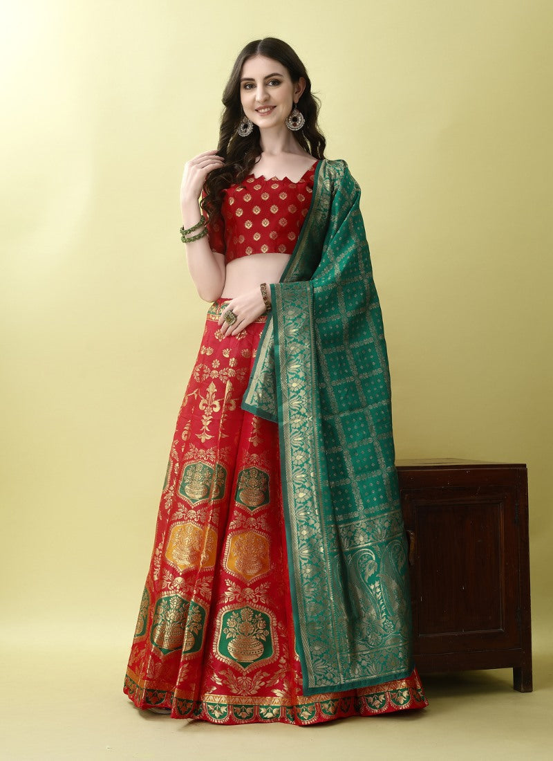 Red Silk Banarasi Lehenga Choli With Resham Work