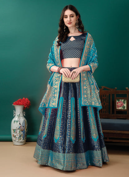 Navy Blue Silk Banarasi Lehenga Choli With Resham Work