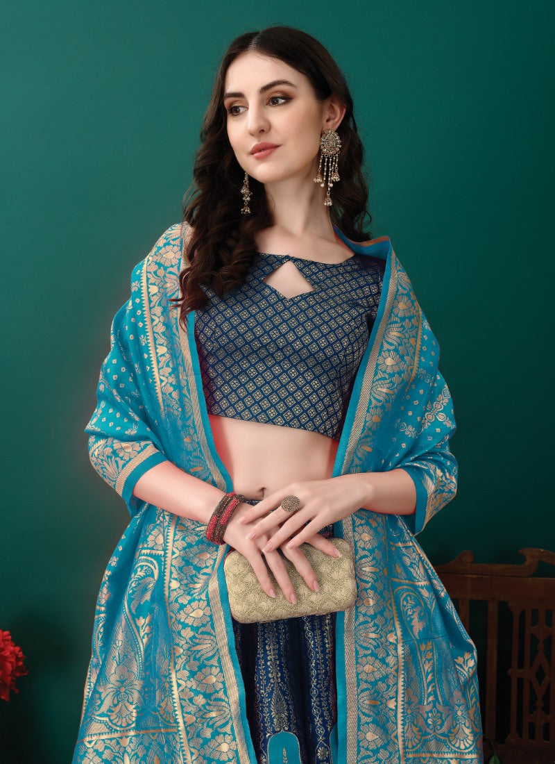 Navy Blue Silk Banarasi Lehenga Choli With Resham Work