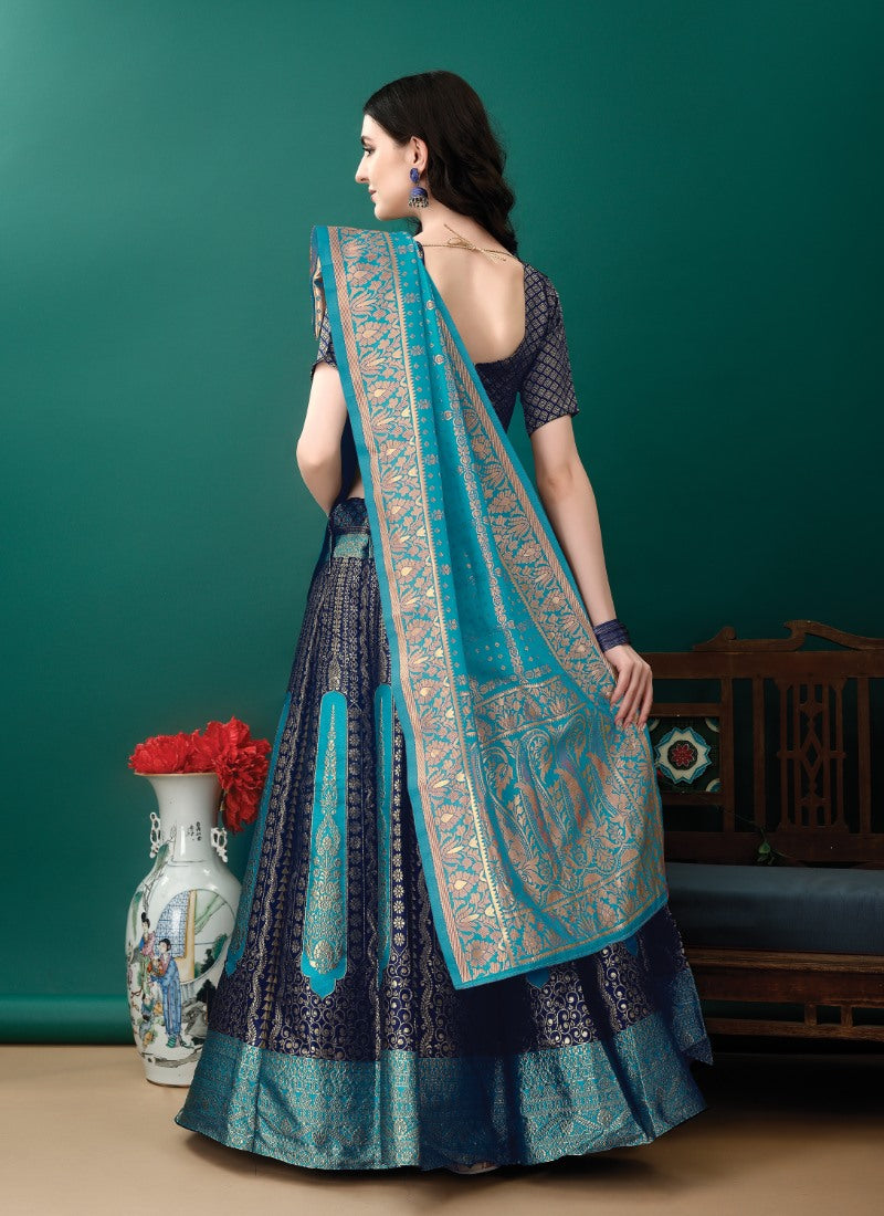 Navy Blue Silk Banarasi Lehenga Choli With Resham Work