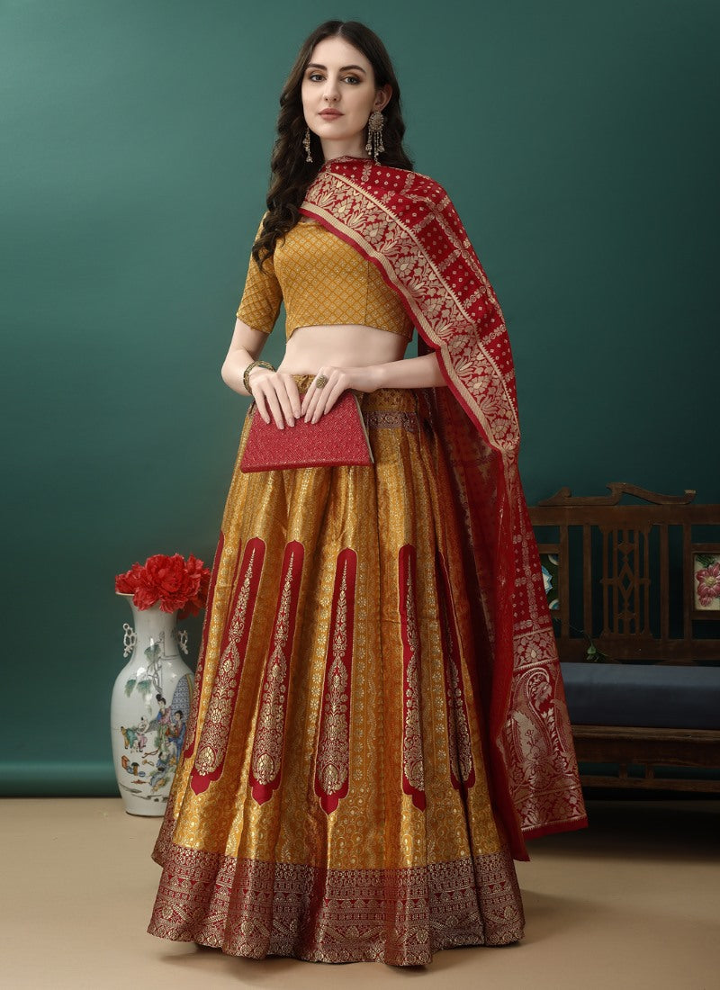 Golden Silk Banarasi Lehenga Choli With Resham Work