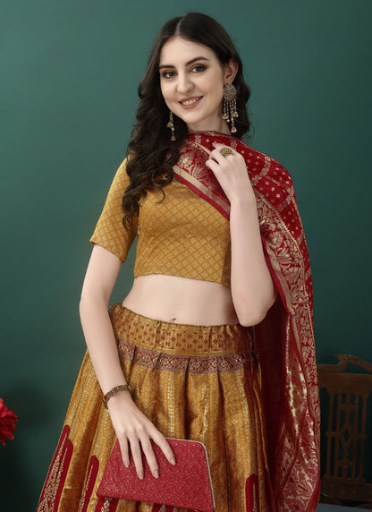 Golden Silk Banarasi Lehenga Choli With Resham Work