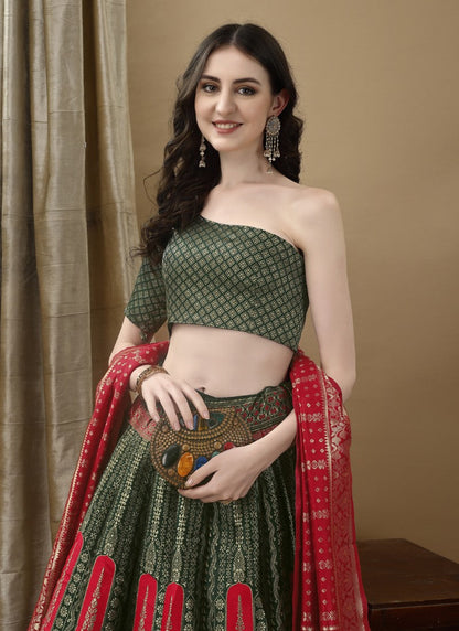 Olive Green Silk Banarasi Lehenga Choli With Resham Work