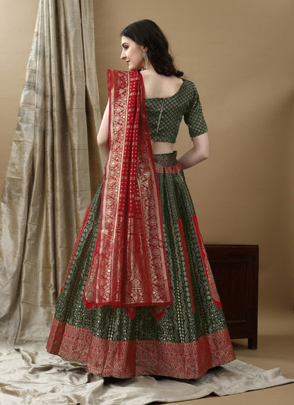 Olive Green Silk Banarasi Lehenga Choli With Resham Work