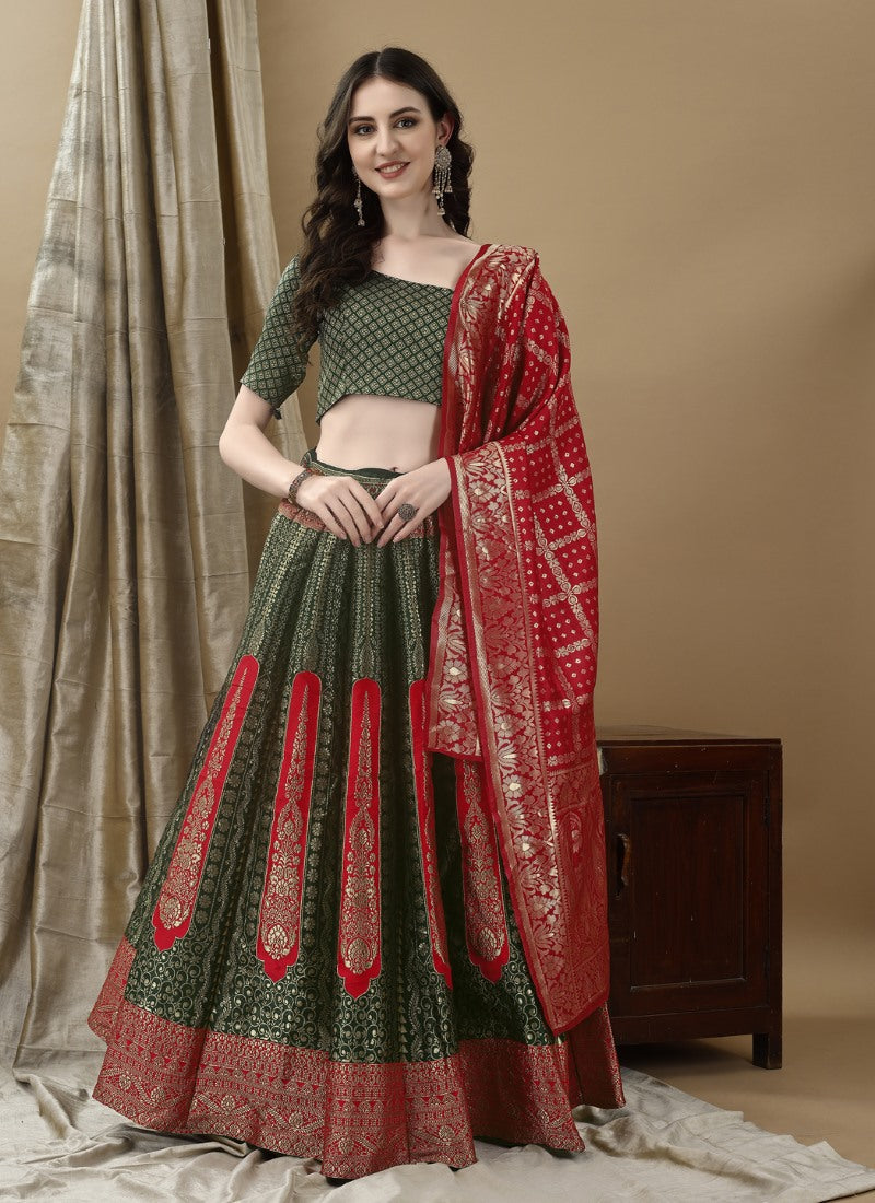 Olive Green Silk Banarasi Lehenga Choli With Resham Work