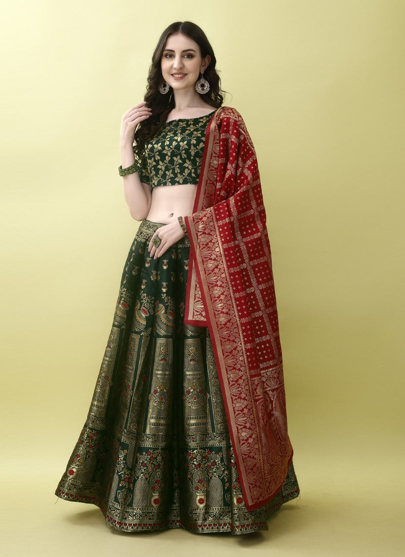 Green Silk Banarasi Lehenga Choli With Resham Work