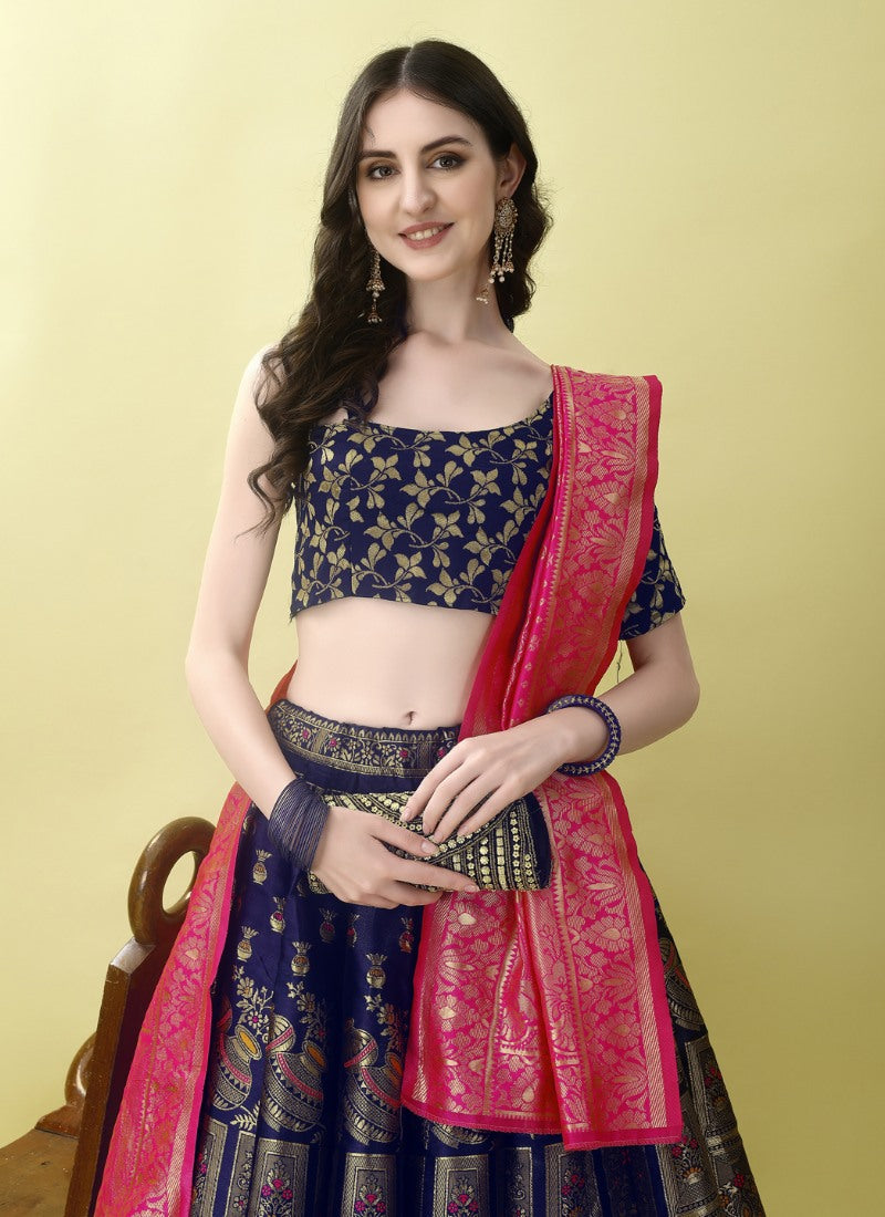 Navy Blue Silk Banarasi Lehenga Choli With Resham Work