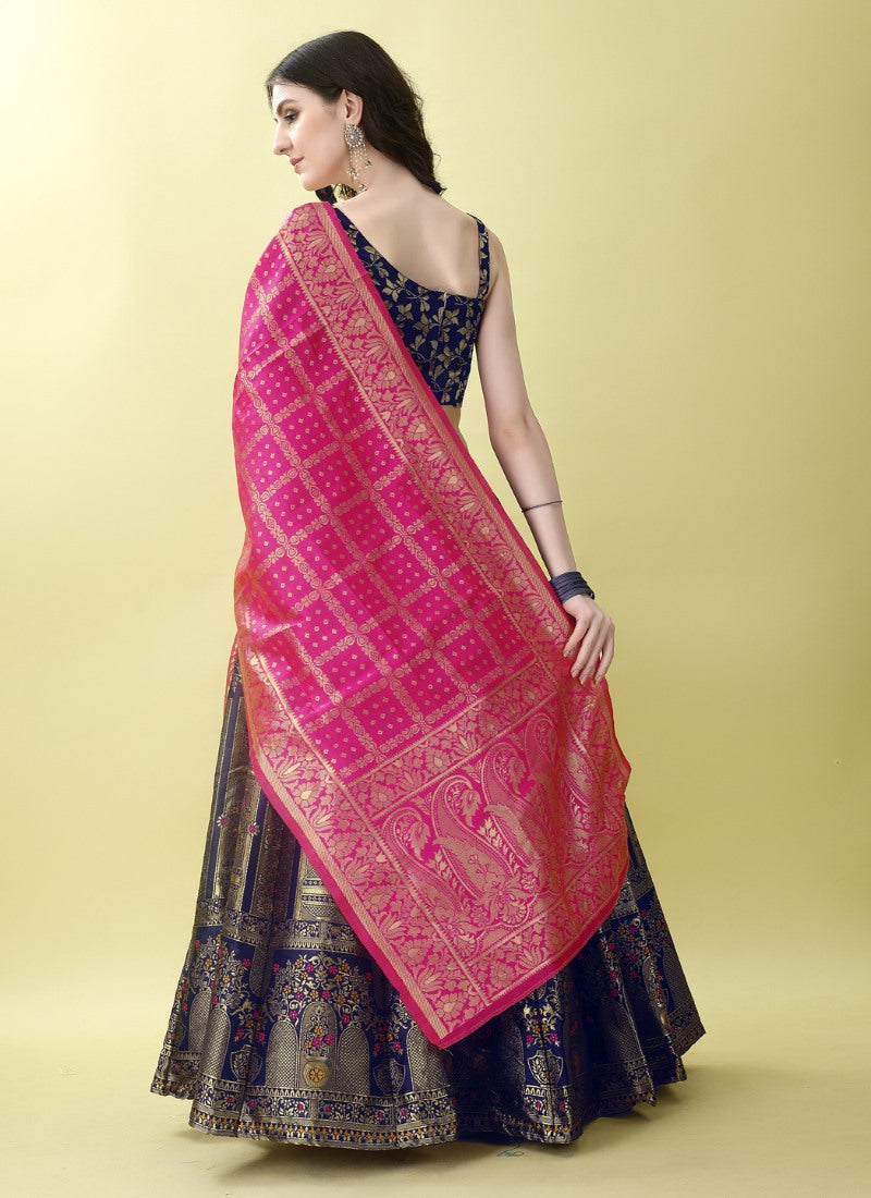 Navy Blue Silk Banarasi Lehenga Choli With Resham Work