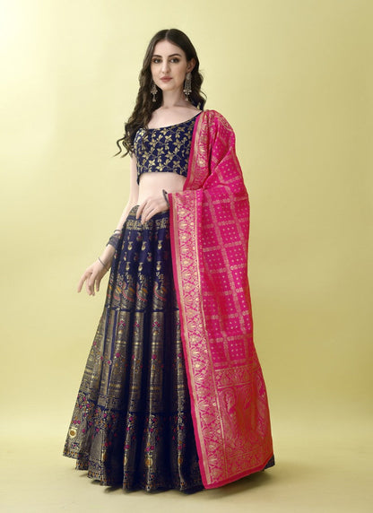 Navy Blue Silk Banarasi Lehenga Choli With Resham Work