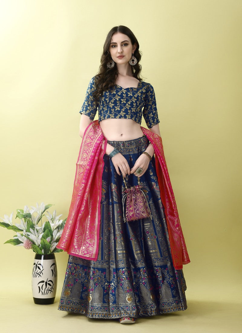 Blue Silk Banarasi Lehenga Choli With Resham Work