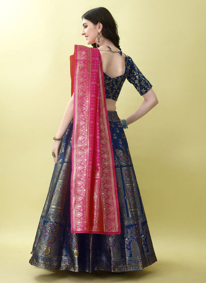 Blue Silk Banarasi Lehenga Choli With Resham Work