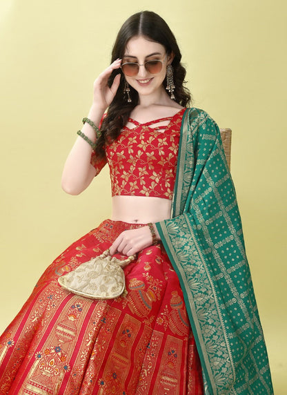 Red Silk Banarasi Lehenga Choli With Resham Work