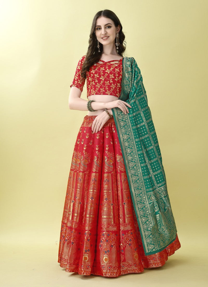 Red Silk Banarasi Lehenga Choli With Resham Work