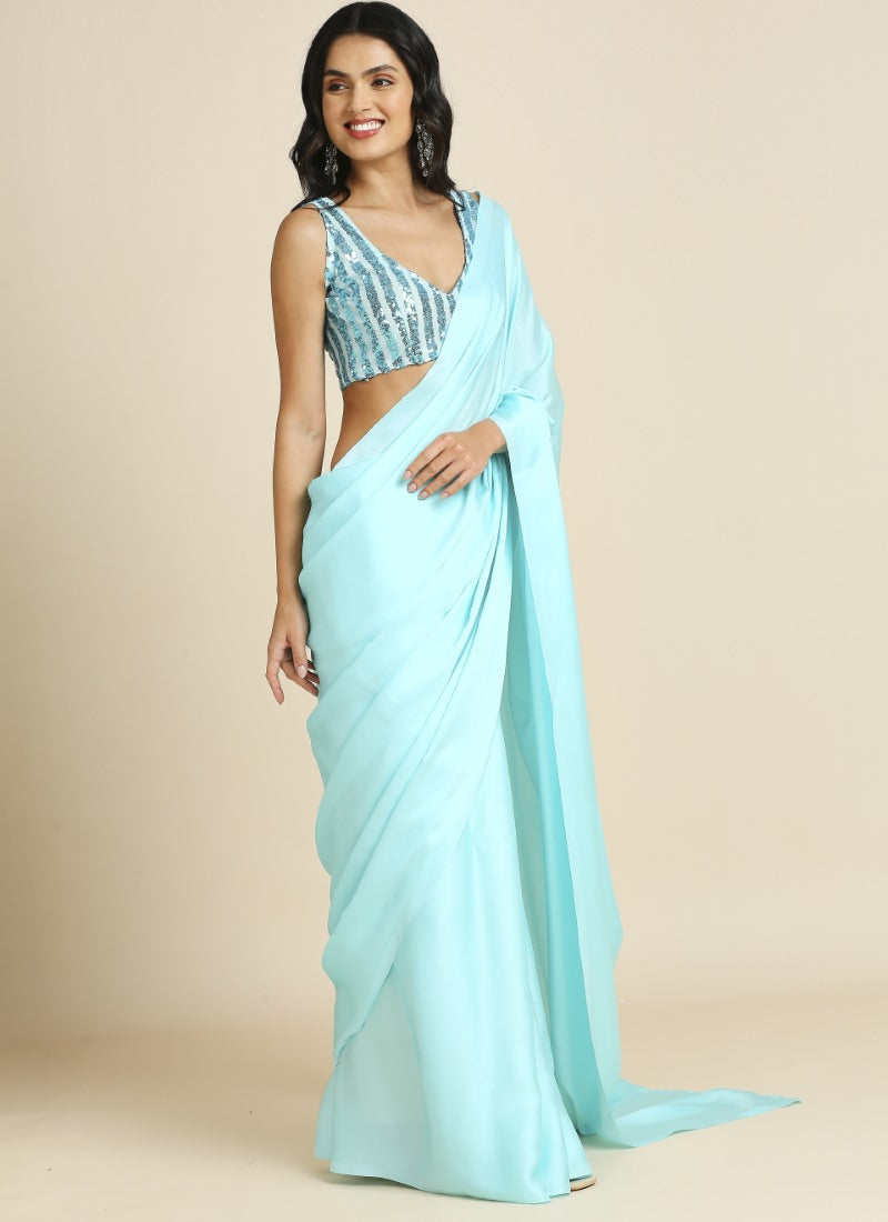 Aqua Blue Party Wear Saree