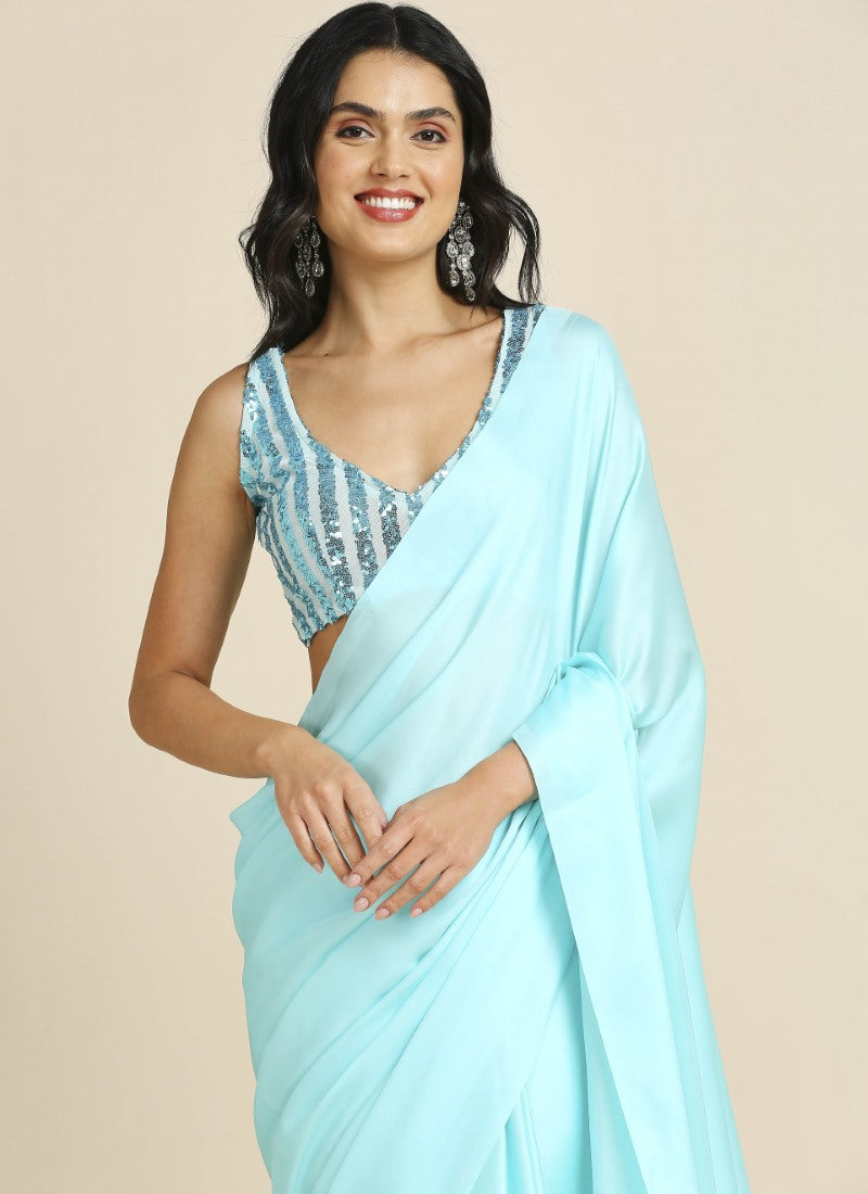 Aqua Blue Party Wear Saree