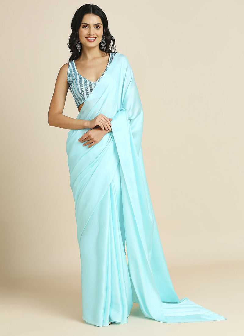 Aqua Blue Party Wear Saree