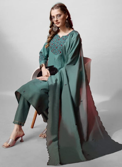 Green Cotton Salwar Suit With Embroidery Work