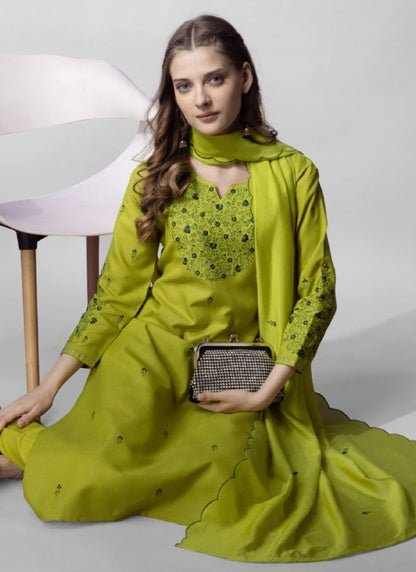 Pista Green Cotton Salwar Suit With Embroidery Work