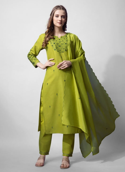 Pista Green Cotton Salwar Suit With Embroidery Work