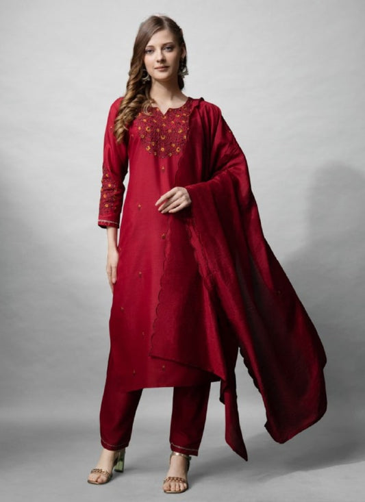 Maroon Cotton Salwar Suit With Embroidery Work