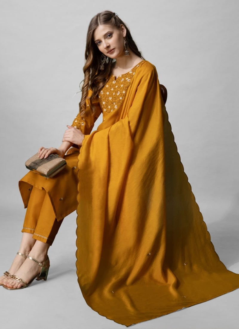 Mustard Cotton Salwar Suit With Embroidery Work