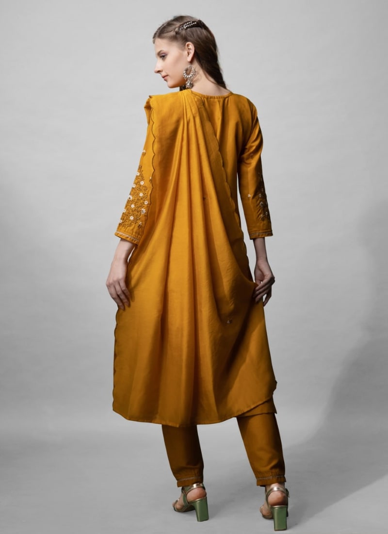 Mustard Cotton Salwar Suit With Embroidery Work