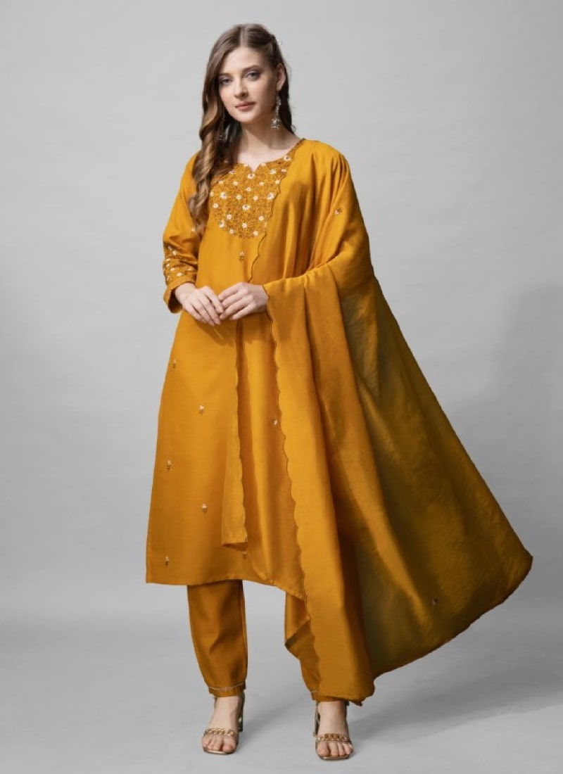 Mustard Cotton Salwar Suit With Embroidery Work