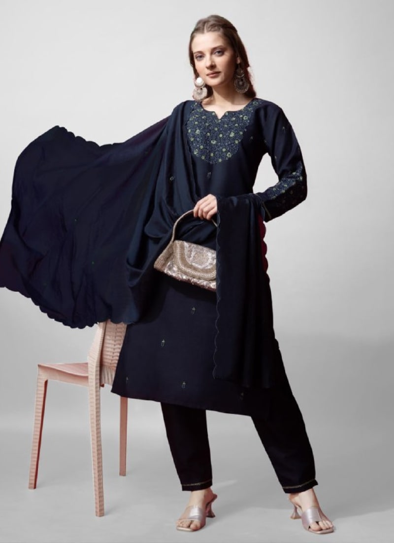 Navy Blue Cotton Salwar Suit With Embroidery Work